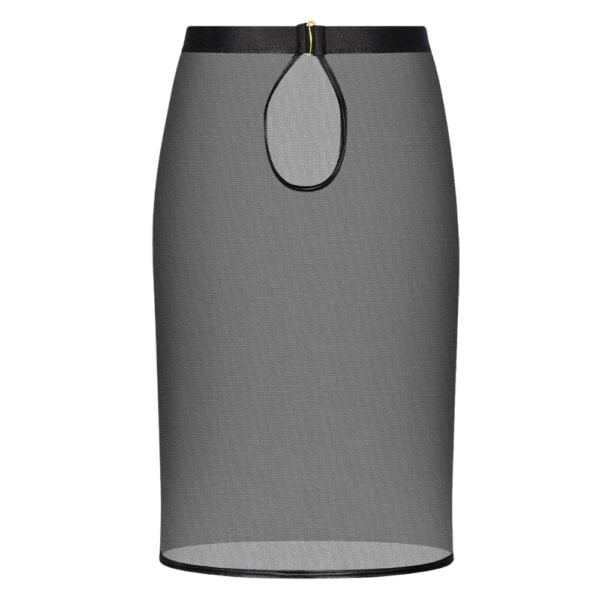 Sheer mid-length skirt in black mesh with back opening