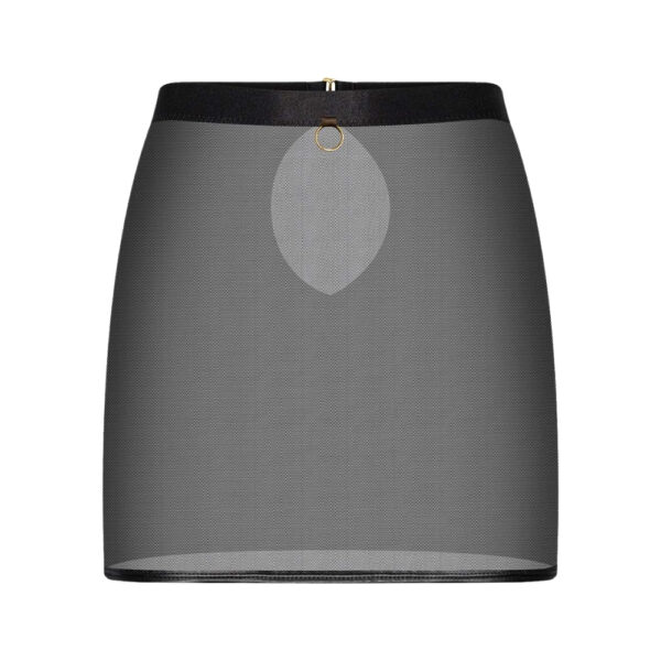 Mini-jupe en tulle noir transparent avec ouverture au dos et détail lanière.
