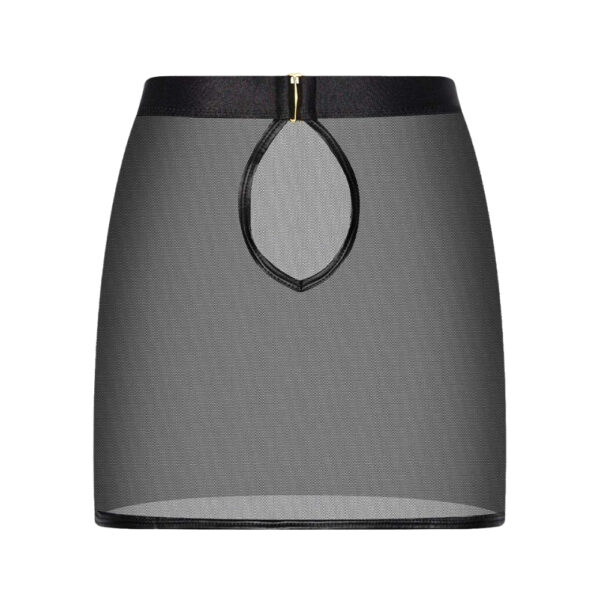 Mini-jupe en tulle noir transparent avec ouverture au dos et détail lanière.