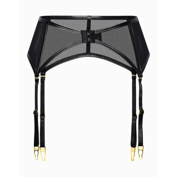 Wide black mesh garter belt with gold rings and four adjustable straps.