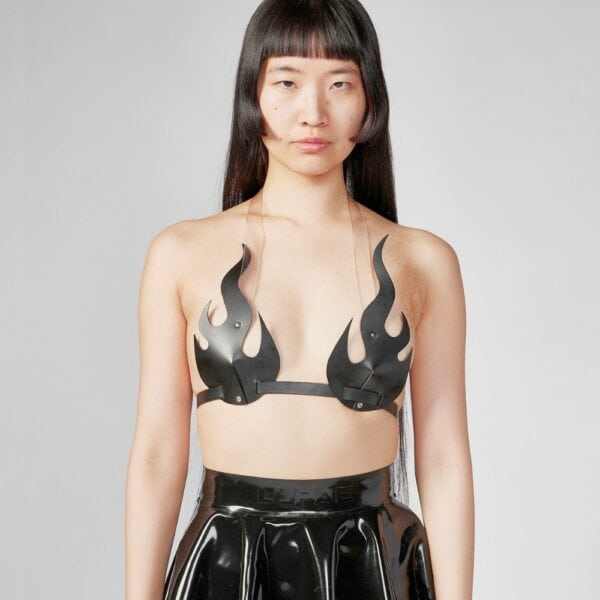 Black flame design bra with graphic structure and bold style