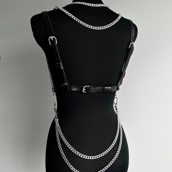 Arnés de cuero con cadenas de plata para mujer, elegante y ajustable arnés corporal accesorio de moda