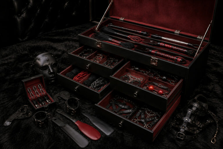 Juego de almacenamiento BDSM con baúl, cofre, esposas, látigos, paletas, cuerdas y accesorios de bondage